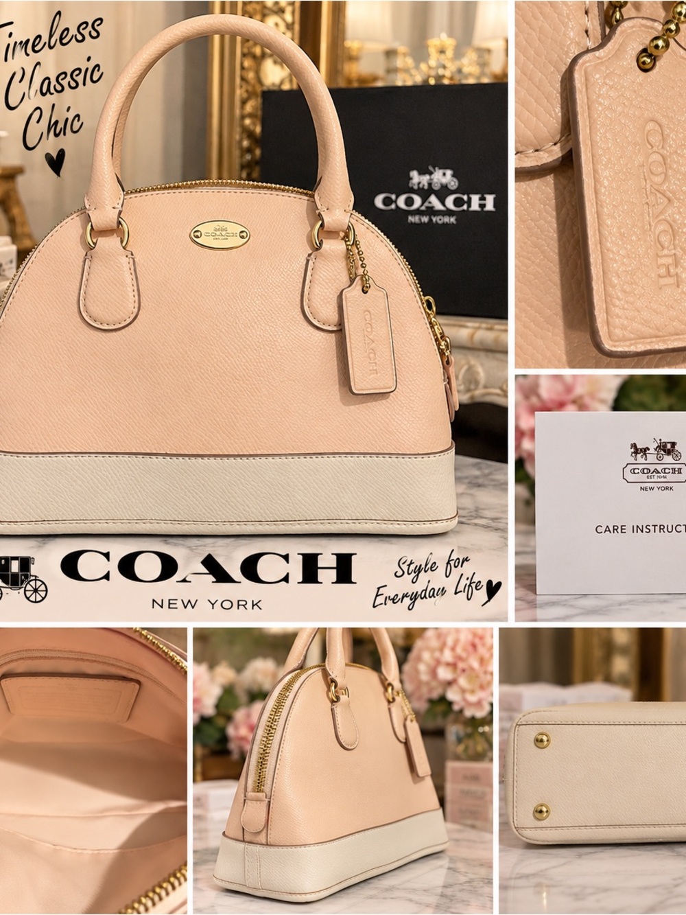 Coach Pink and Cream Pebbled Leather Dome Satchel